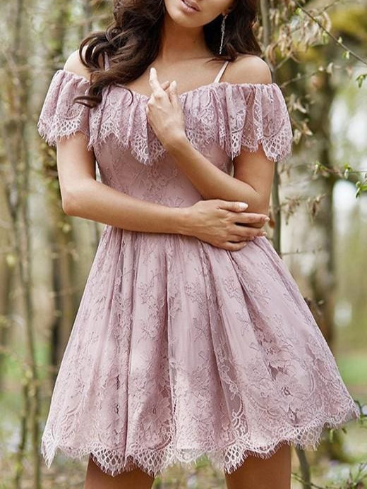 Bridelily A-Line Ruffles Lace Off-the-Shoulder Sleeveless Short/Mini Dresses