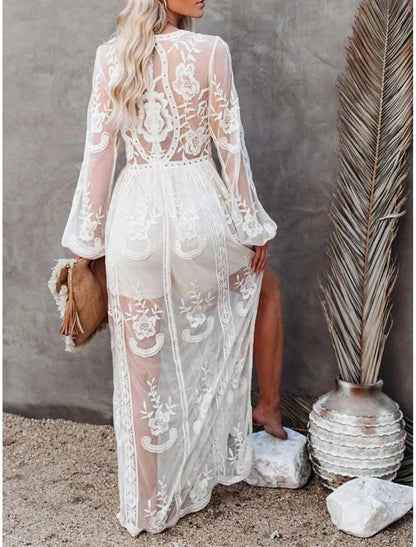 Patchwork Wedding Party Elegant V Neck Long Sleeve White Color Maxi Dress