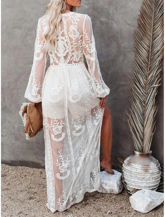 Patchwork Wedding Party Elegant V Neck Long Sleeve White Color Maxi Dress