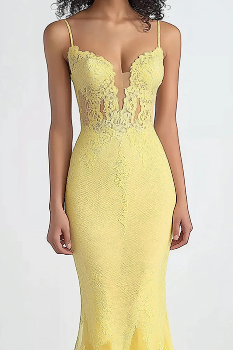 Unique design Daffodil Sheath Full of charm Thin Straps Mesh Formal Dress