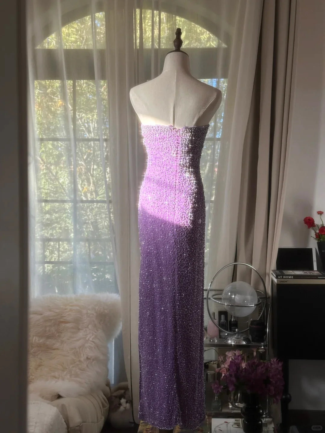 Shiny Sheath Strapless Beaded Party Dress Purple Chiffon Long Evening Dress