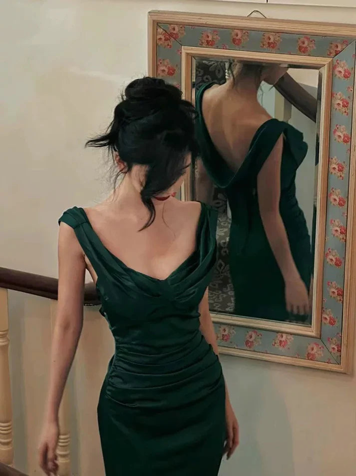 Charming Sheath Strap Green Satin Prom Dress Graduation Prom Dress