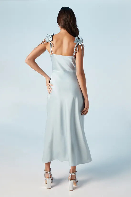 Ruffle Shoulder Detail Satin Elegant and gentle Bridesmaids Midi Dress