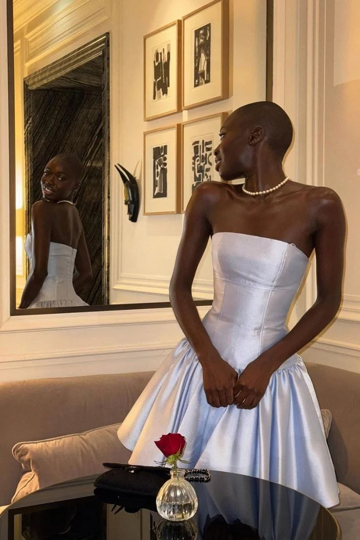 Light Blue Strapless A-Line Ruffles Short Party Dress Cocktail Dress