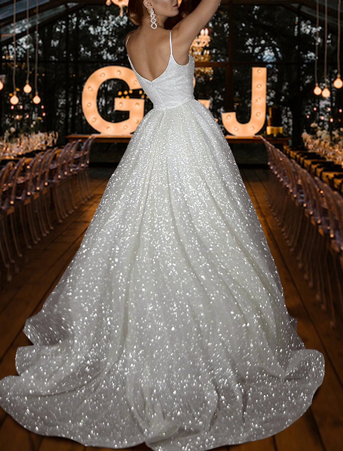 Hall Sparkle & Shine Casual Wedding Dresses A-Line Camisole V Neck Spaghetti Strap Sweep Train Sequined Bridal Gowns With Solid Color