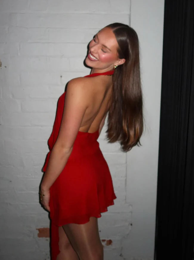 Halter Red Chiffon Short Homecoming Dress Sexy A Line Birthday Dress