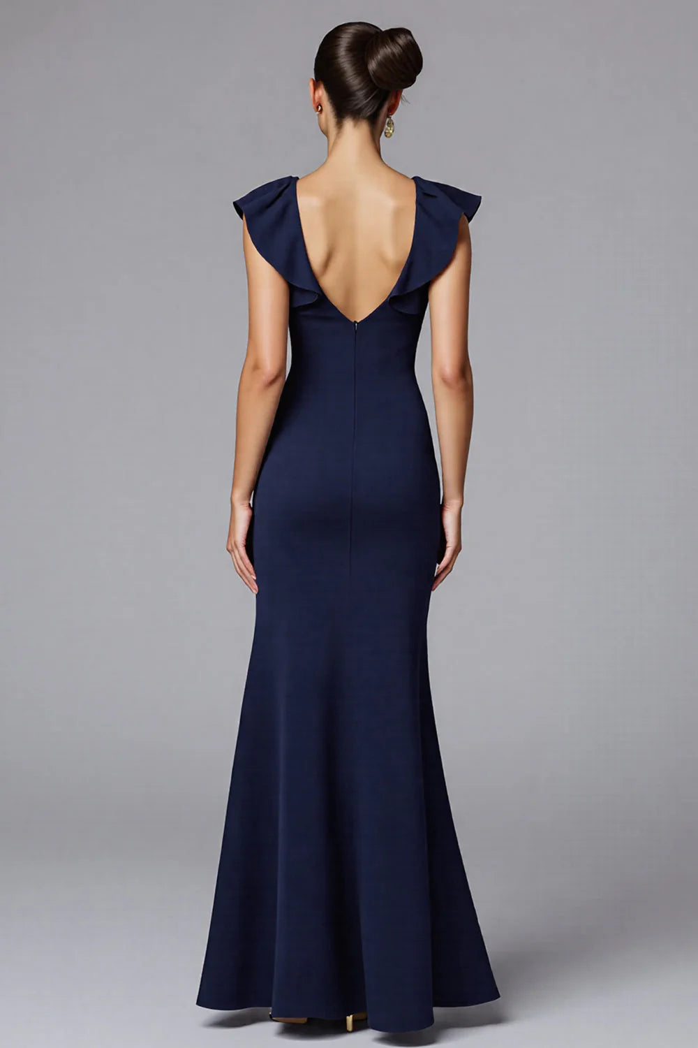 Elegant Navy Boat Neck Satin Long Evening Formal Dress With Ruffles
