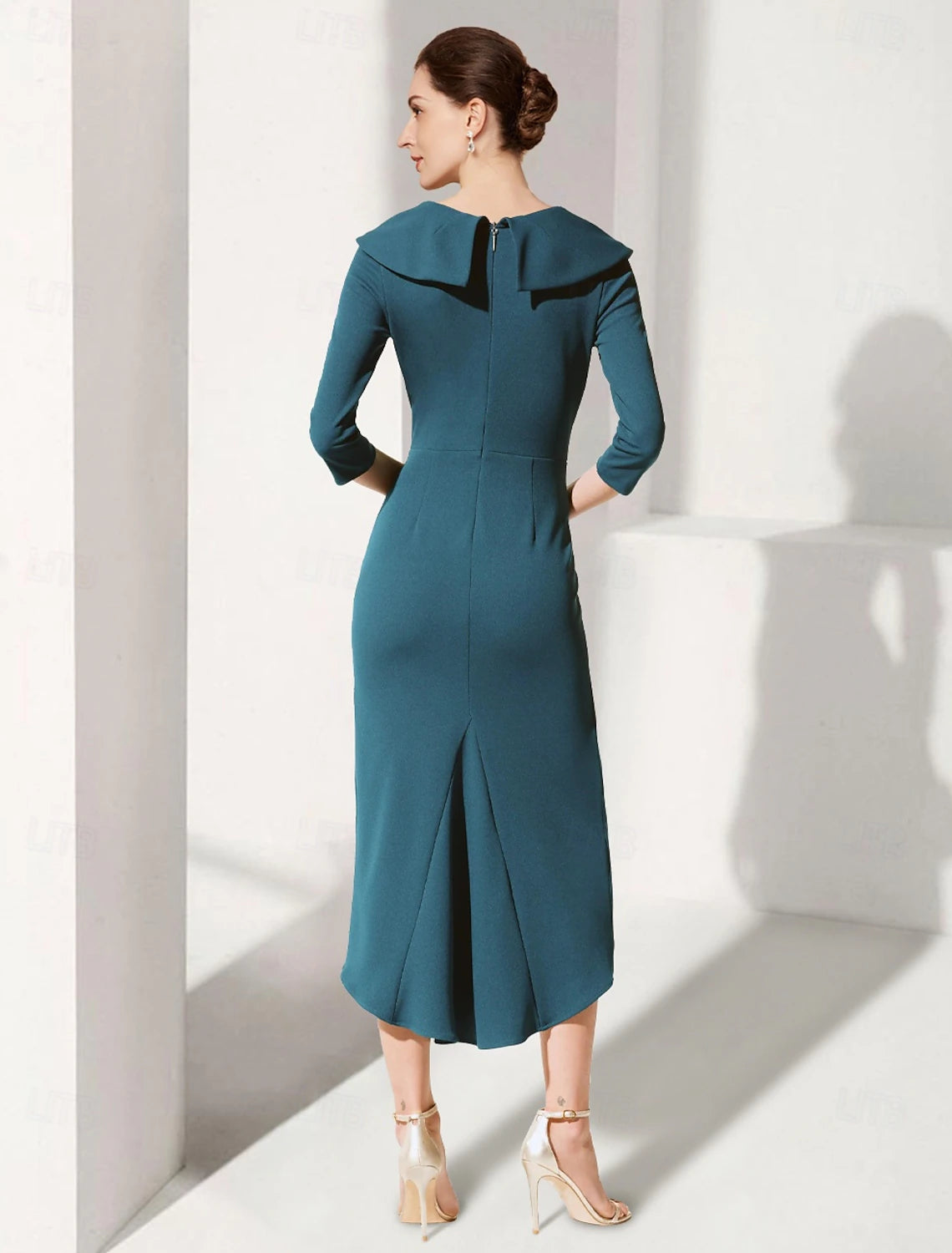 A-Line Dress Mother of the Bride Dress Tuxedo Dress Elegant V Neck Tea Length Stretch Fabric 3/4 Length Sleeve with Pick Up Skirt Ruched Solid Color