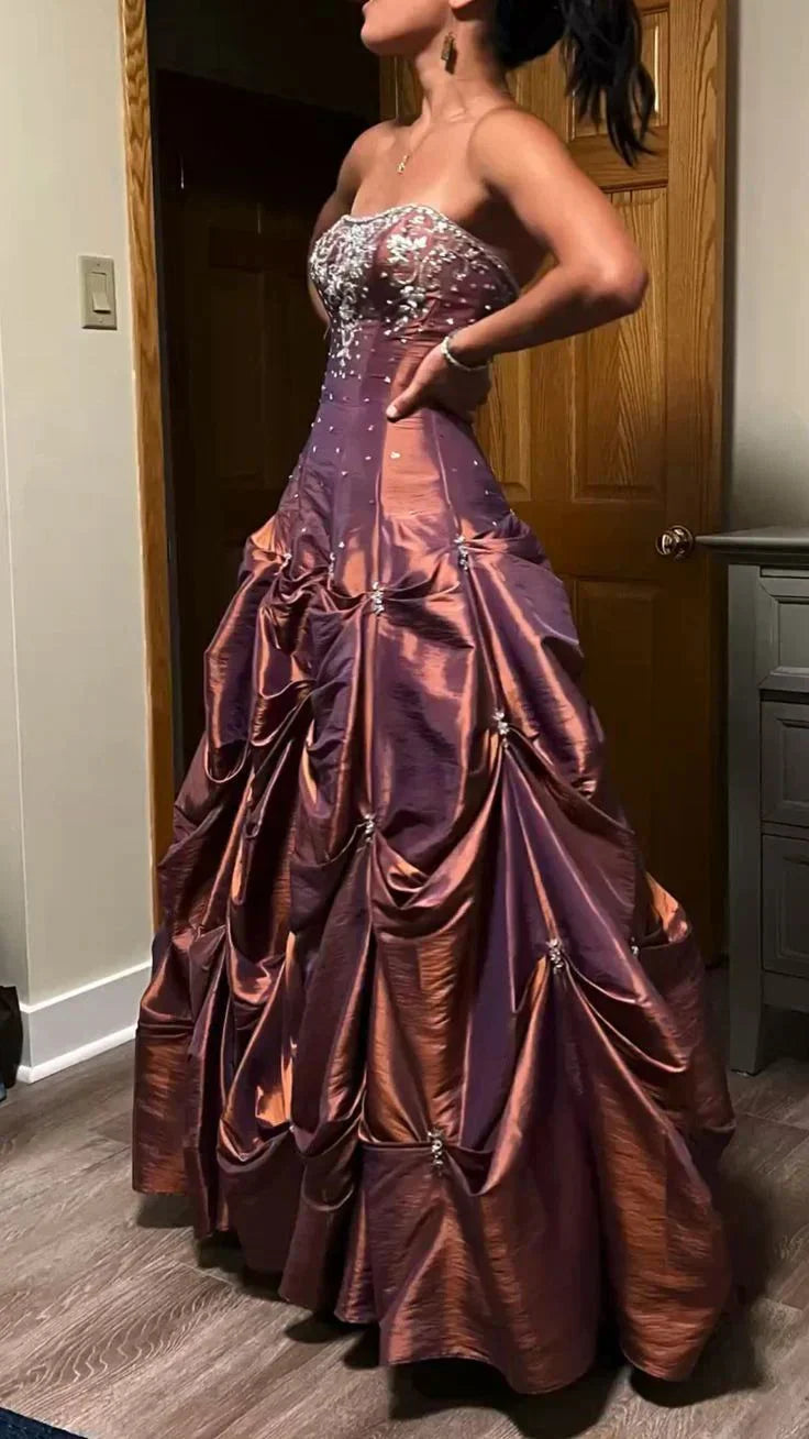 Elegant Red Brown Strapless A-Line Satin Beaded Long Prom Dresses