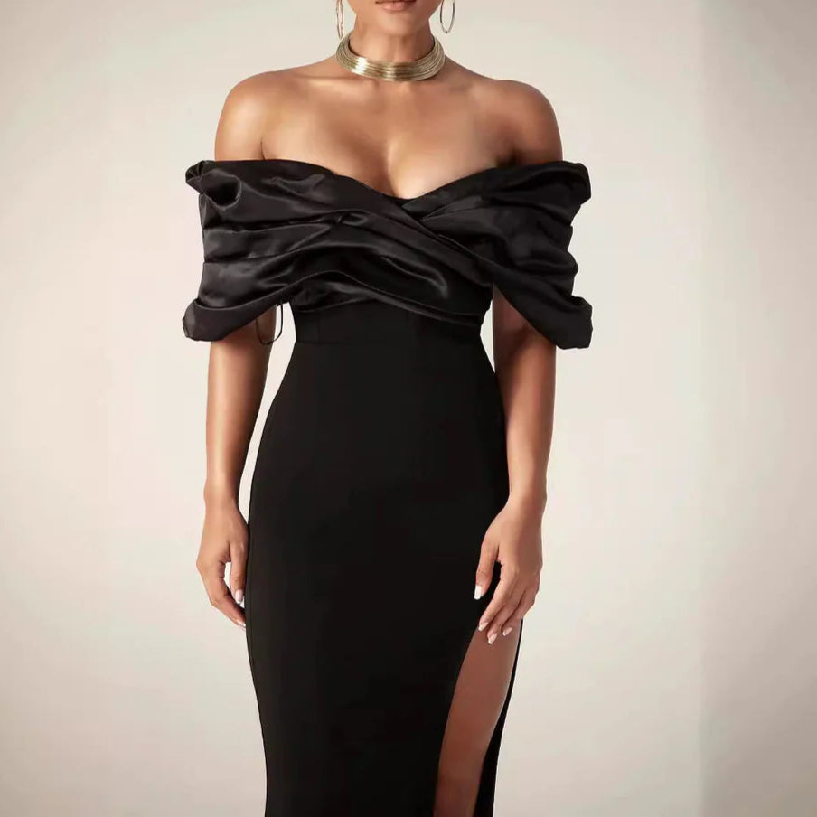 Full of charm Simple design Slim-fit Off-Shoulder Ruched Slit Prom Dress
