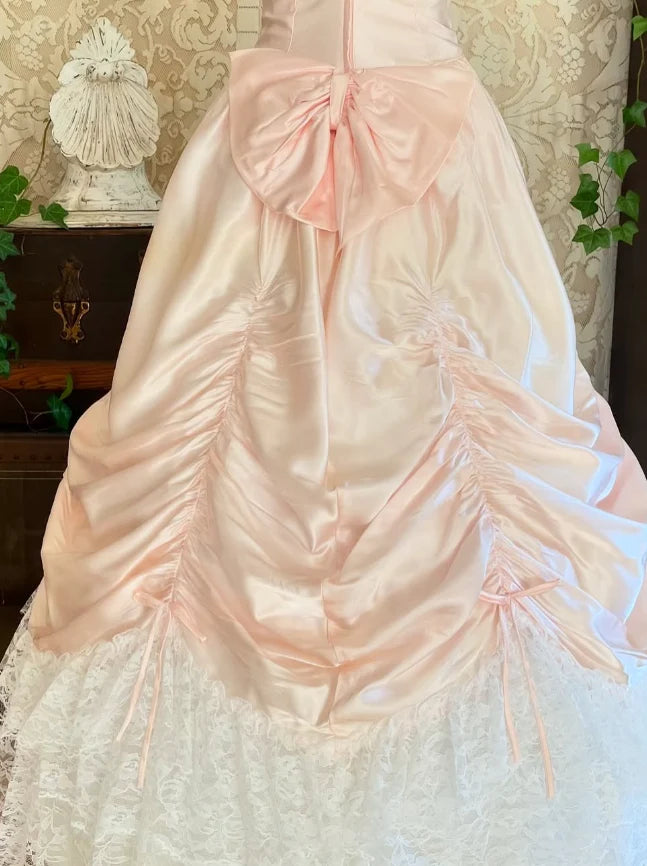 Neck Pearls Lace Light Pink Satin Birthday Dress Vintage Sweetheart Wedding Dress