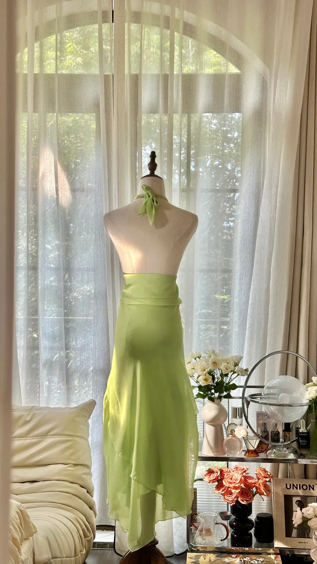 Gentle A Line Halter Beaded Green Chiffon Open Back Party Dress