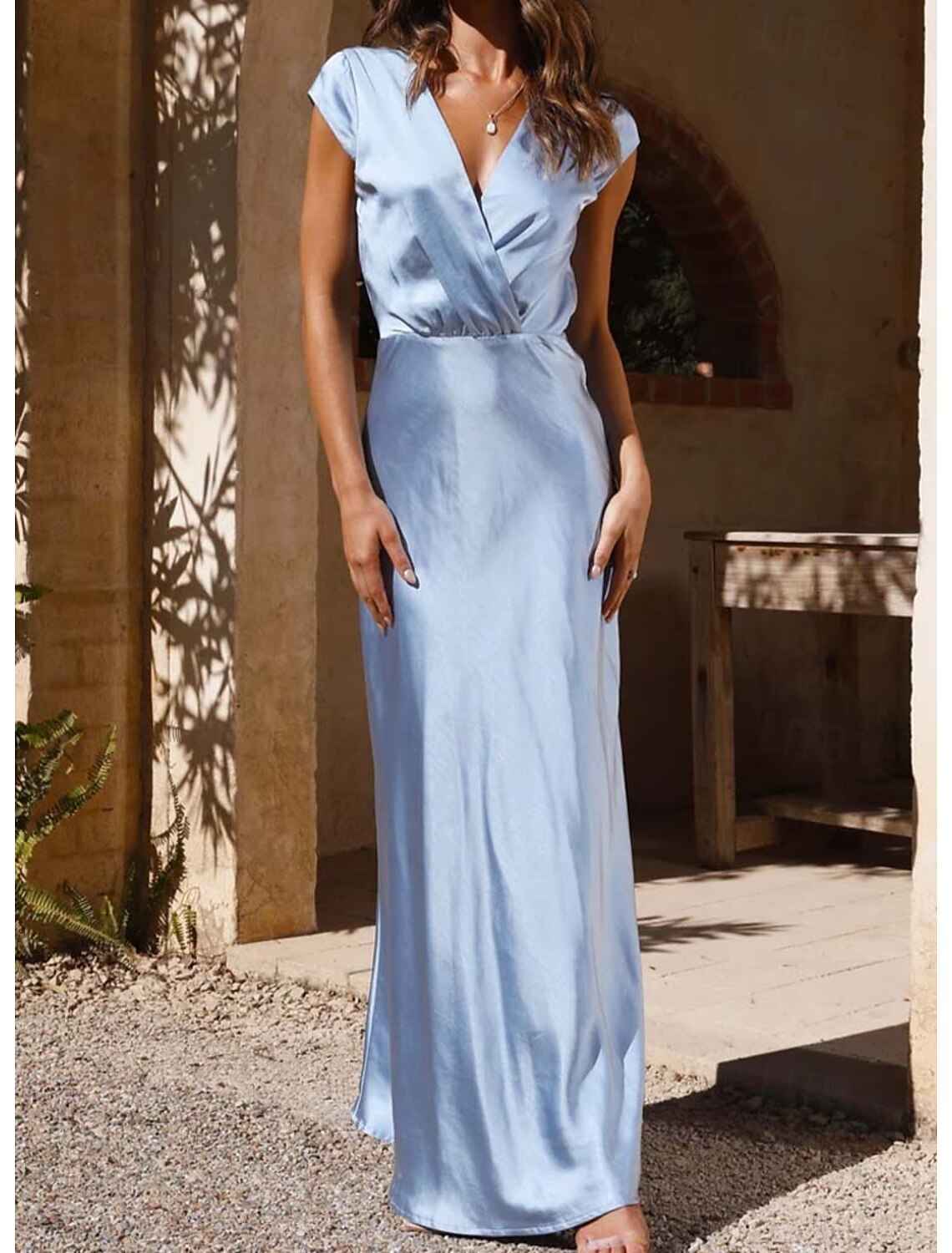 Column Floor Length Bridesmaid Dress V Neck Cap Sleeve Elegant Satin with Ruching