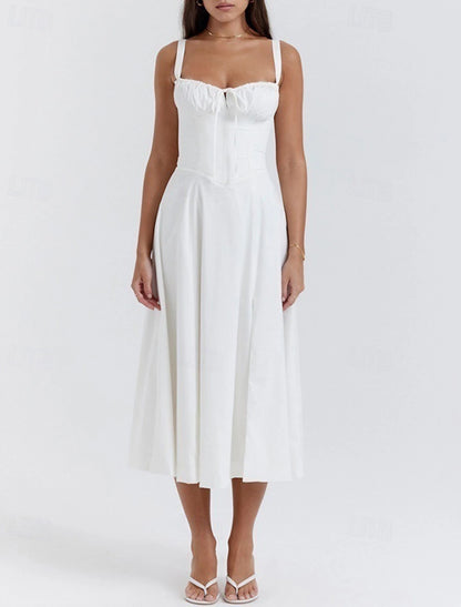 Regular Fit Plain Sleeveless U Neck Women's Midi Dress White Dress Graduation Dress