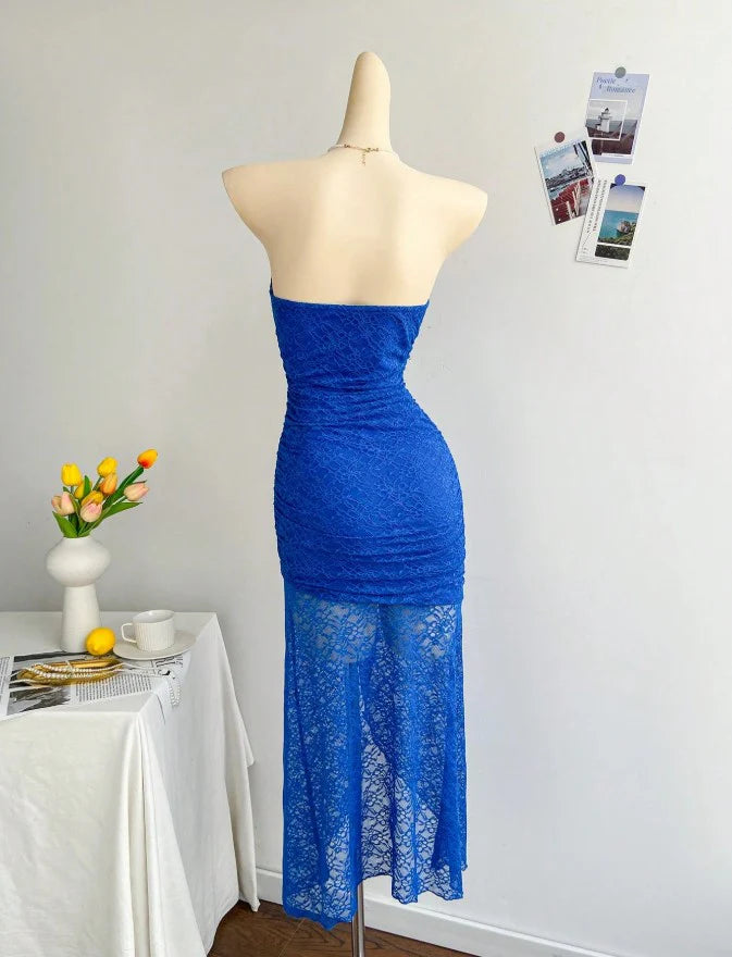 Blue Lace Bodycon Short Party Dress Strapless Backless Gorgeous Royal Evening Dress