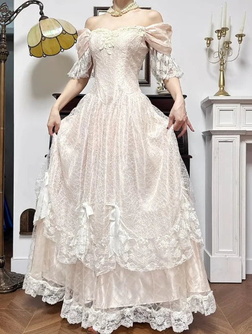 Sweet Light Champagne Off-the-shoulder A-Line Princess Prom Dresses Champagne Chiffon Lace Vintage Wedding Dress