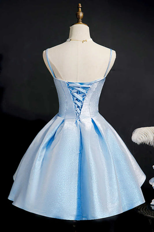 Glitter Blue Straps Satin Princess-seamed Bodice Lace-Up Short Party Dress