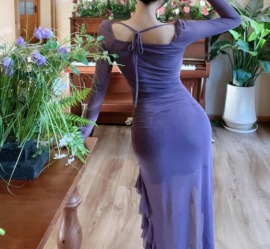 Square Neck Chiffon Long Sleeve Bodycon Enchanted Purple Party Dresses