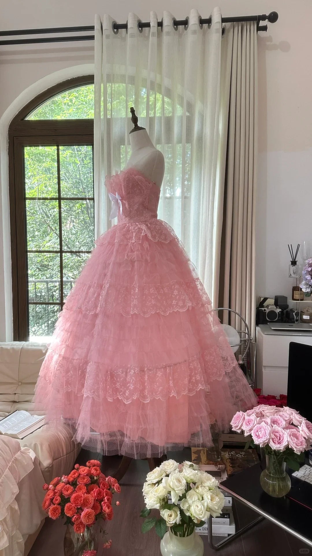 Cute A Line Sweetheart Neck Pink Layered Lace Tulle Long Party Dress