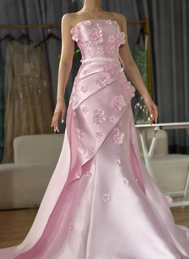 Sweet Pink Mermaid Strapless Prom Dress 3D Floral Satin Evening Dress
