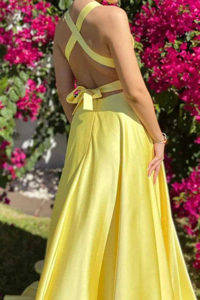 Simple Backles Yellow Satin Long Formal Evening Graduation Dresses with High Slit
