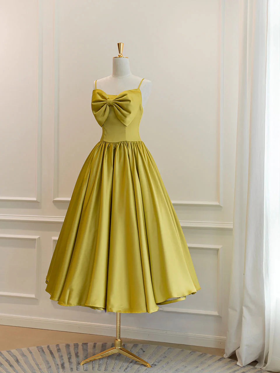 Simple Spaghetti Strap Bow Yellow Satin Tea Length Homecoming Dress