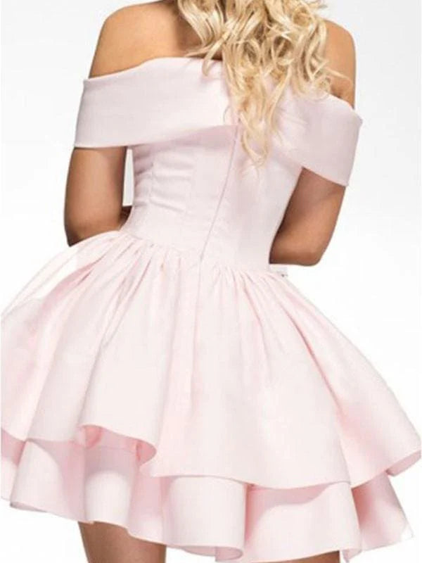 Bridelily A-Line Satin Sleeveless Ruched Off-the-Shoulder Short/Mini Homecoming Dresses