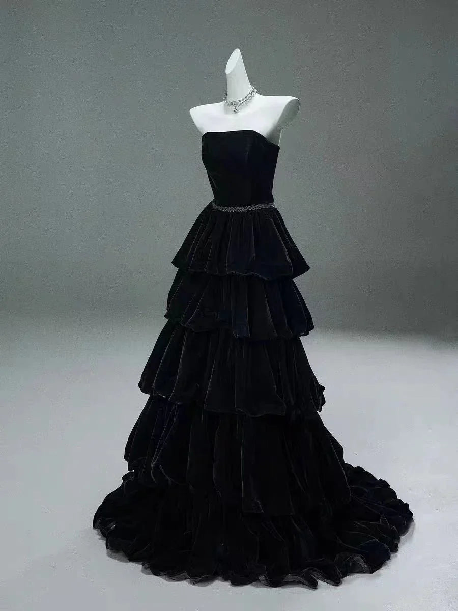 Tiered Black Velvet Long Prom Dress A Line Strapless Evening Dress