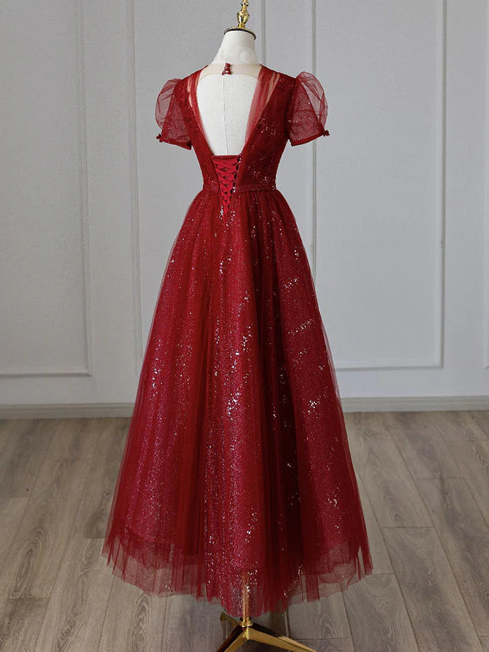 V Neck Tulle Sequin Tea Length Burgundy Prom Dress, Full of charm Evening Dress
