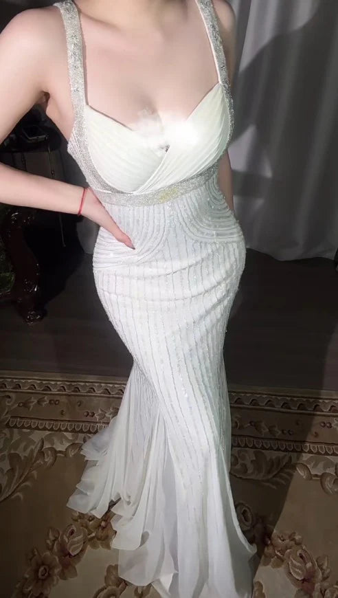 Spaghetti Straps Mermaid Party Dress Beaded Chiffon Prom Dresses Elegant Gothic Apricot Evening Gowns