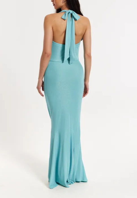 Blue Draped Retract Your Waist Halter Neck Bridesmaids Maxi Dress