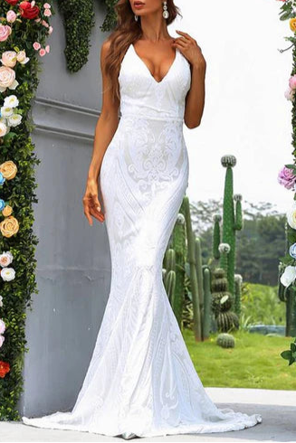 Exquisite tailoring White Jacquard V-Neck Backless Mermaid Long Evening Dress