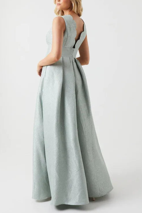 Jacquard Scallop Neck Retract Your Waist Sleeveless Maxi Bridesmaid Dress