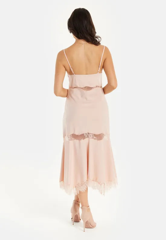 Liquorish Fine Lace Detail Strip Unique design Midi Bridesmaids Dress In Nude