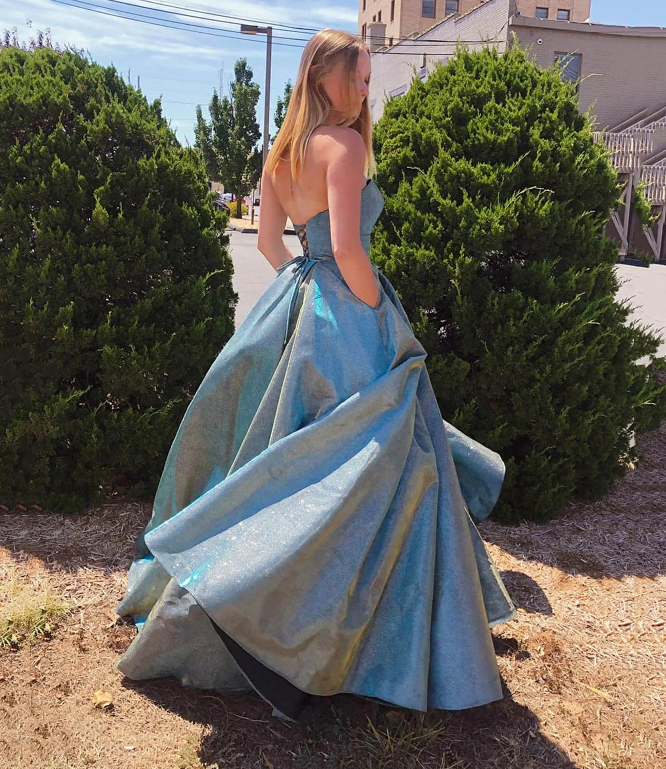 Blue Satin Long Ball Gown Dress Sparkly Sweetheart Evening Gown