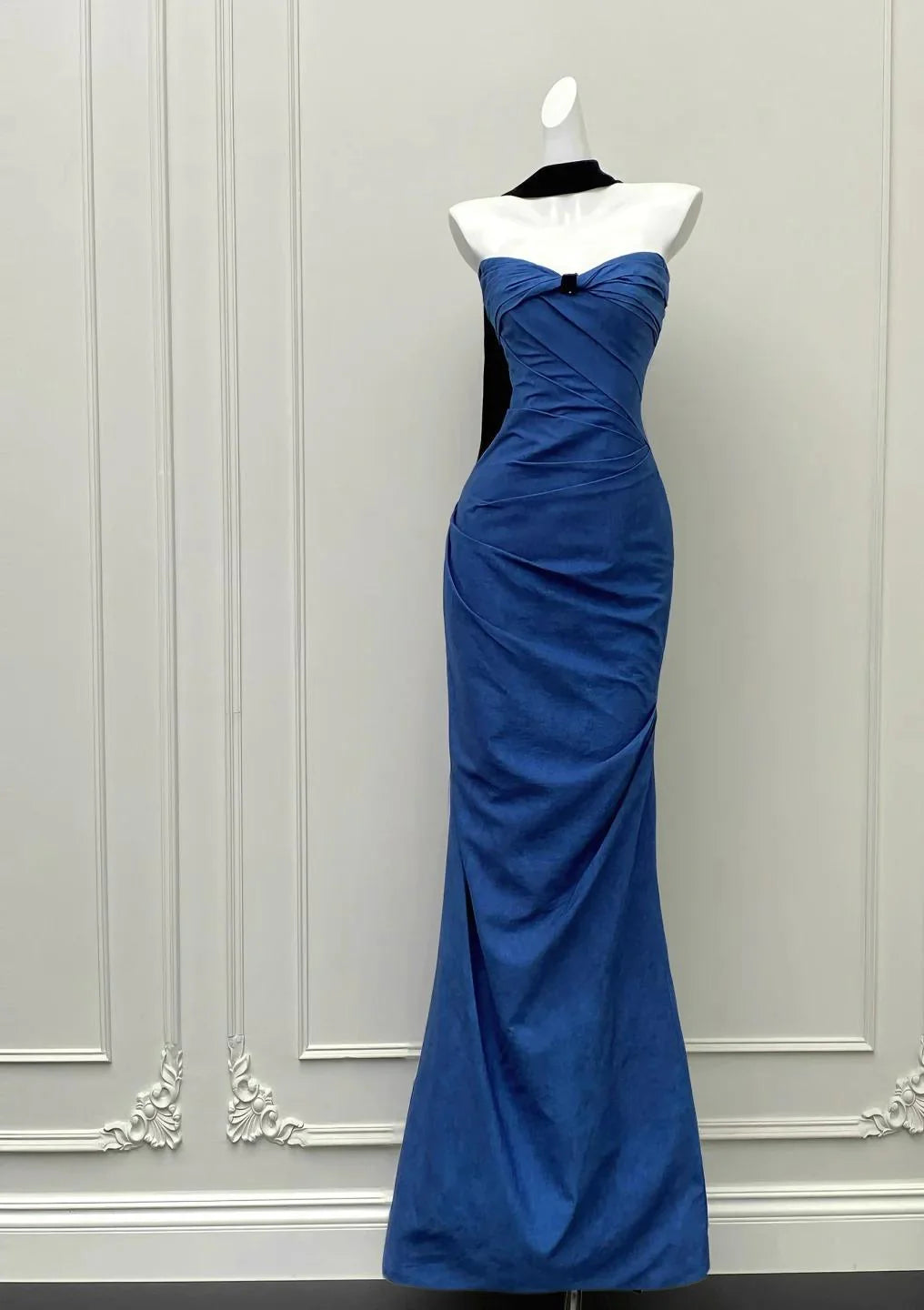 Elegant Blue Strapless Satin Long Prom Dresses Mermaid Formal Evening Gowns