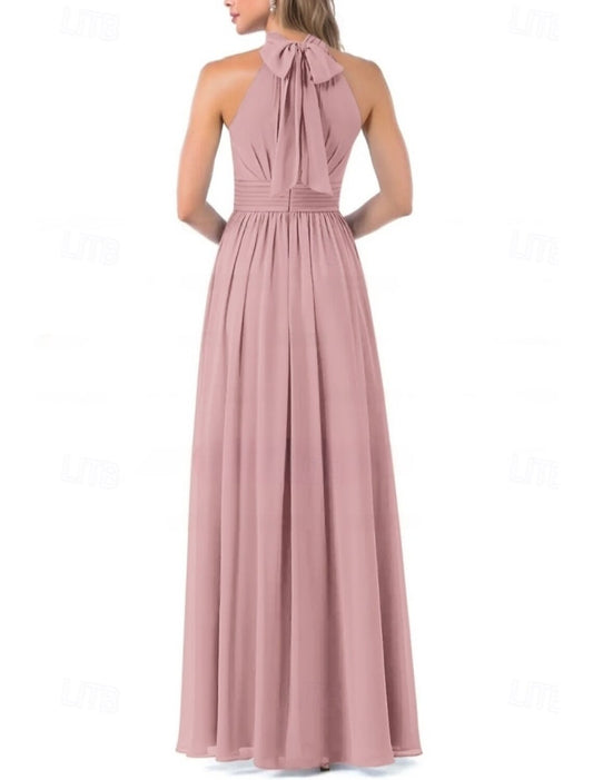A-Line Bridesmaid Dress Halter Neck Short Sleeve Elegant Floor Length Chiffon with Pleats / Split Front / Ruching