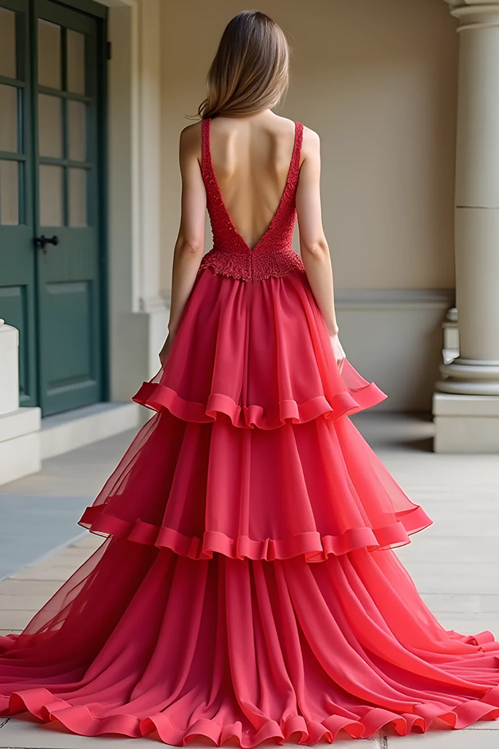 Noble and elegant Lace Red A Line Tiered V-Neck Long Prom Dress