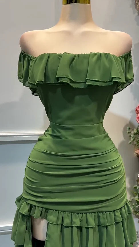 Stunning Forest Green Bodycon Chiffon Tiered Long Party Dresses Off-the-shoulder Evening Gowns with Slits