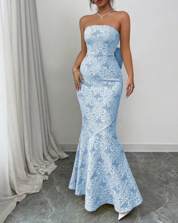 Mermaid Strapless Jacquard Satin Formal Evening Dress Elegant Blue Gorgeous Party Dress