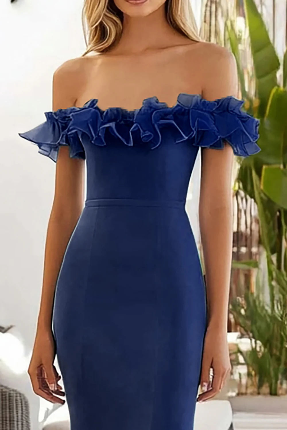 Navy Mermaid Off The Shoulder Ruffles Long Formal Evening Dress