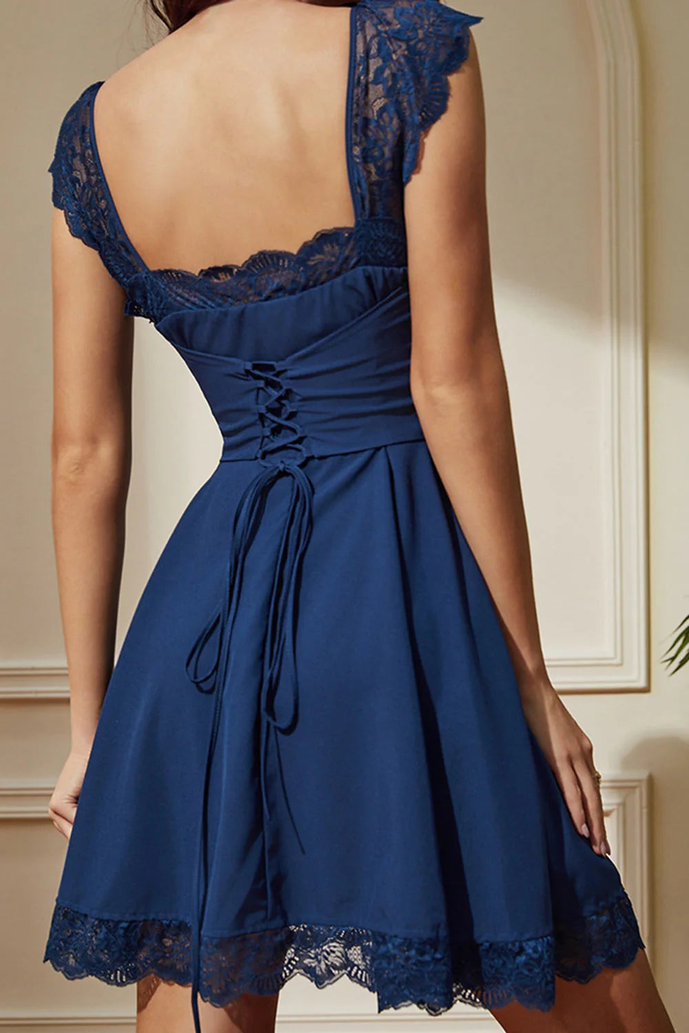 Unique design Navy Laced Square Neck A-Line Retract Your Waist Short Homecoming Dress