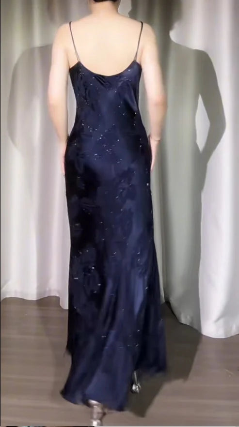 Jacquard Satin Spaghetti Strap Sheath Prom Dresses Vintage Navy Blue Shiny Beaded Evening Gowns