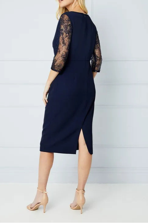 Petite Occasion Lace Sleeve Cowl Pencil Mother Of The Bride Outfits Dress