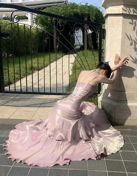 Tailored and unique slim shoulder strap pleated sleeveless evening gown