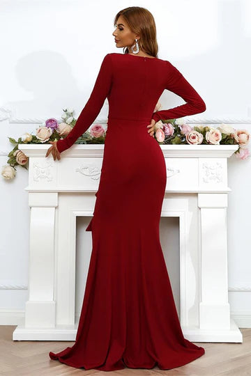 Red Satin V-Neck Long Sleeve Ruffled Mermaid Long Formal Evening Dress