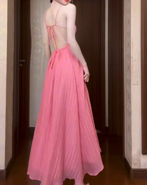 Chiffon Spaghetti Strap Backless Long Prom Dress Cute Pink A-Line Party Dress