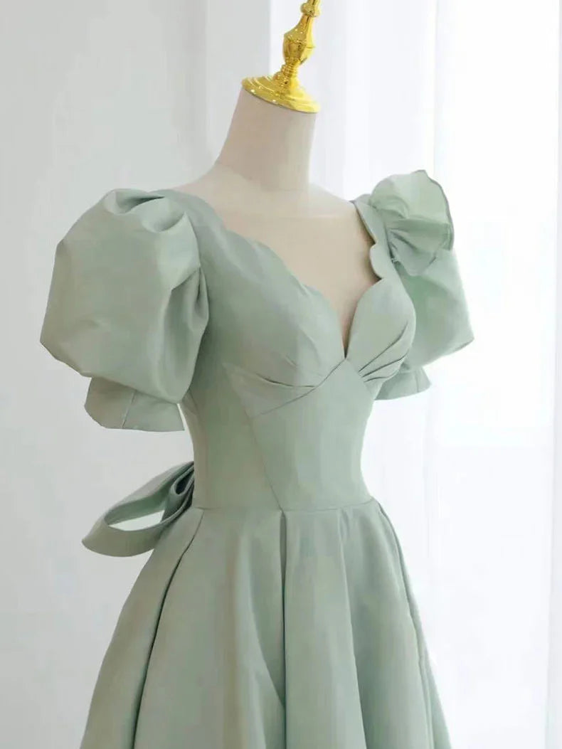 Simple green v neck satin short prom dress, green homecoming dress