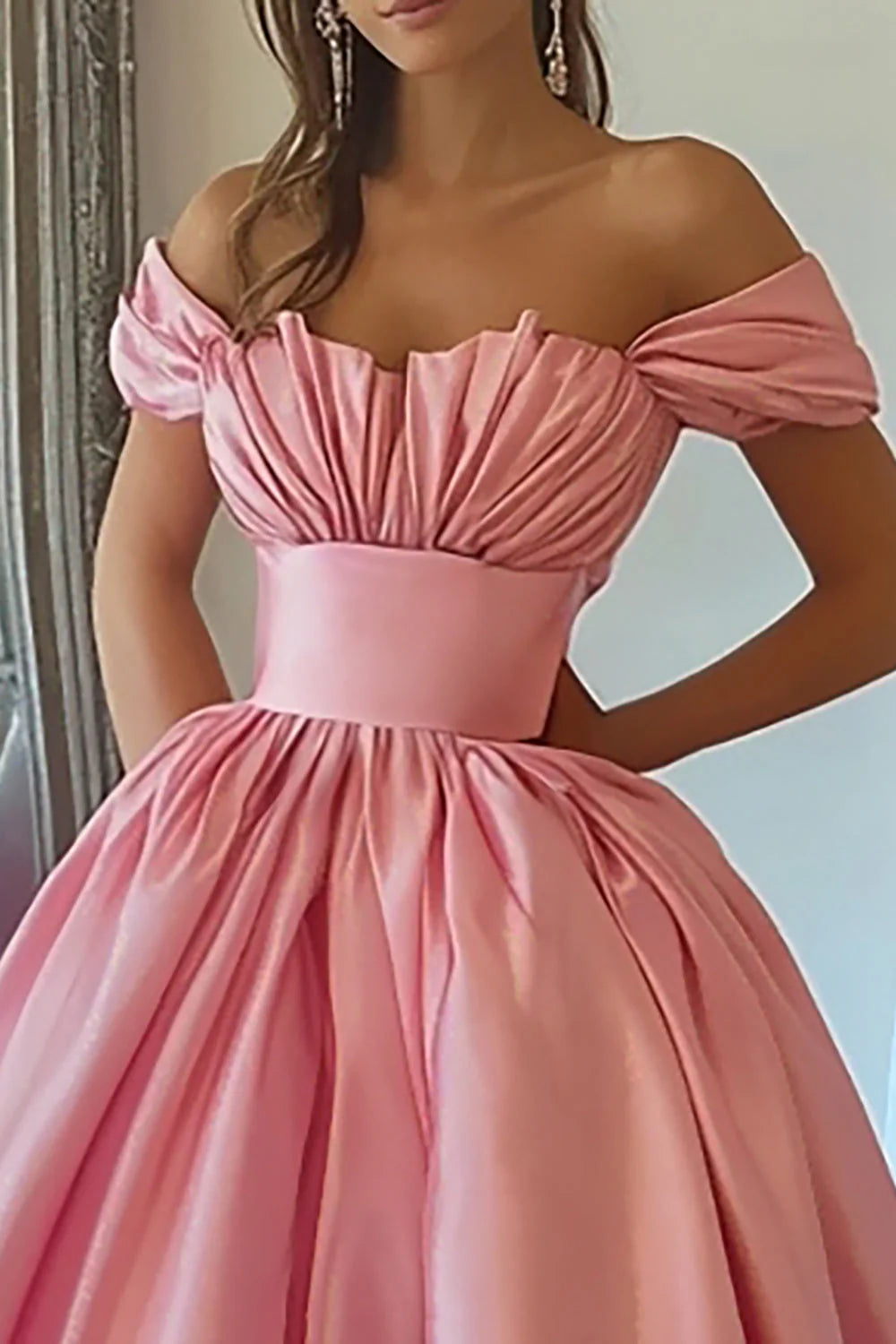 Pink Ball Gown Satin Off The Shoulder Retract Your Waist Long Prom Dress