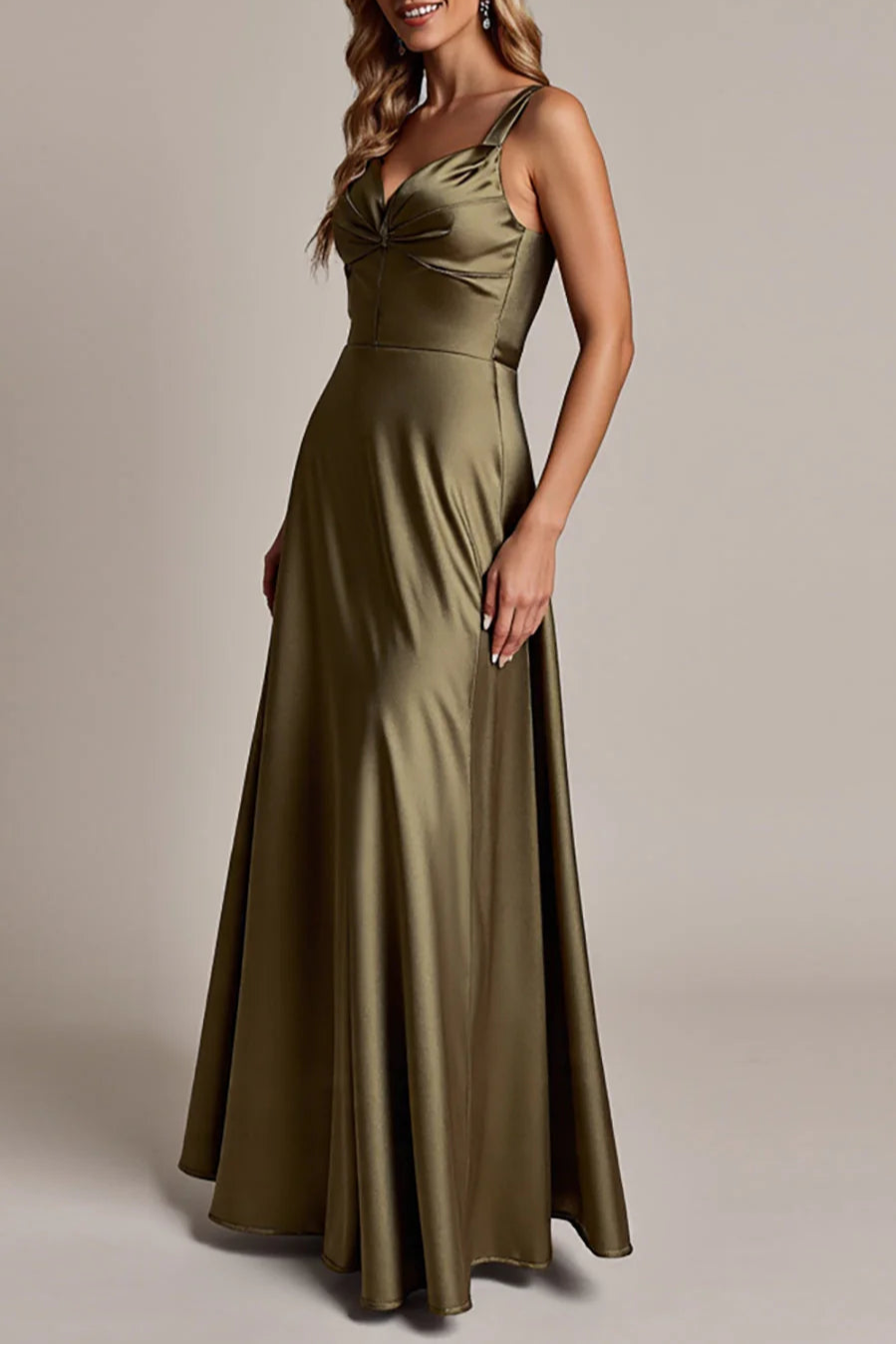 A Line Olive Satin Ruched Spaghetti Straps Retract Your Waist Long Bridesmaid Dress